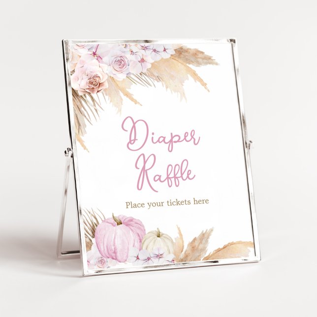 Rosa Boho Pumpkin Baby Shower Diaper Raffle Poster (Boho Pampas Grass Baby Shower Diaper Raffle Sign)