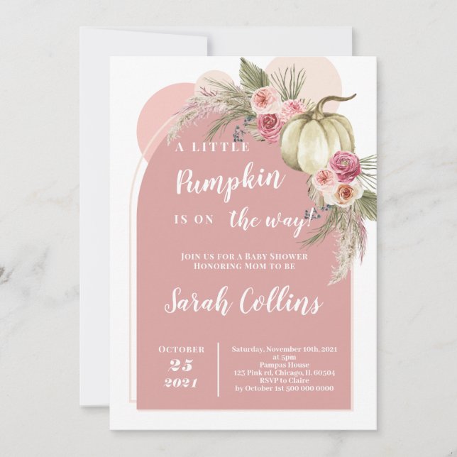 Rosa Boho Pumpkin Baby Shower-inbjudan Inbjudningar (Framsida)