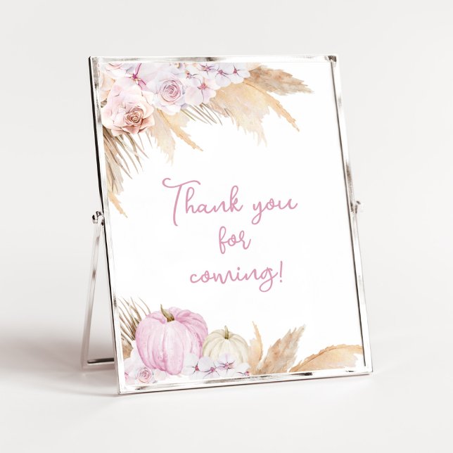 Rosa Boho Pumpkin Baby Shower Tack för att komma Poster (Boho Pampas Grass Baby Shower Thank You for Coming Sign)