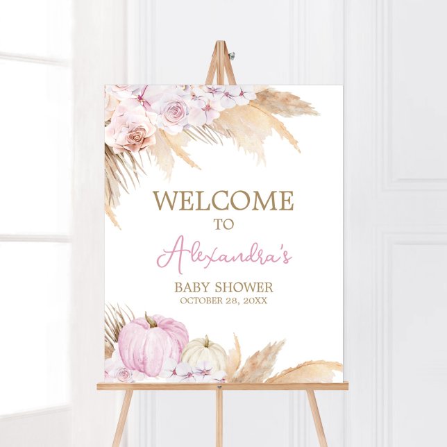 Rosa Boho Pumpkin Baby Shower Välkommen Poster (Boho Pampas Grass Baby Shower Welcome Sign)