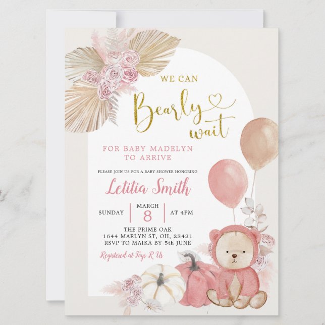 Rosa Boho Pumpkin Bear Baby Shower-inbjudan Inbjudningar (Framsida)