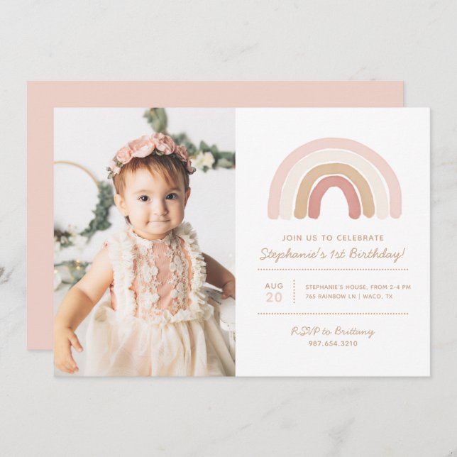 Rosa Boho Rainbow Girl Födelsedagsfest Photo Inbjudningar (Fram/baksida)