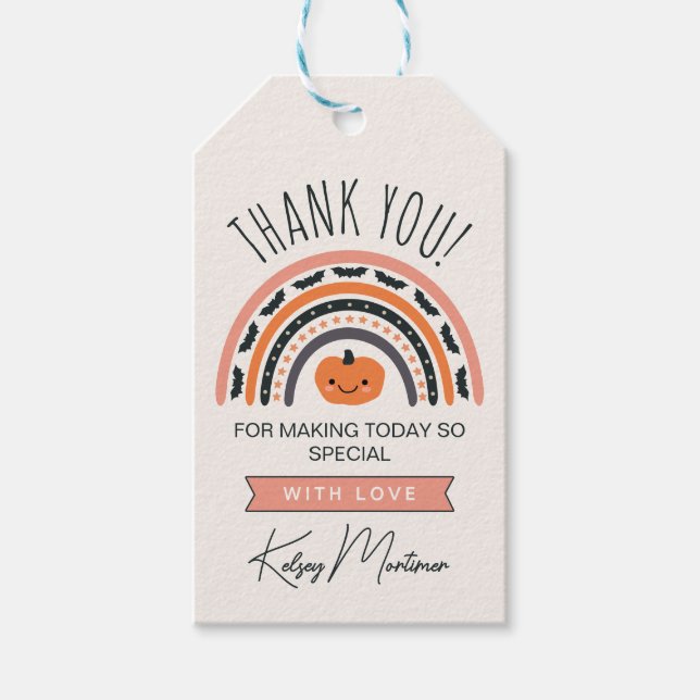 Rosa Boho Rainbow Halloween Baby Shower Tack Presentetikett (Framsidan)