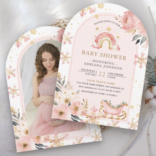Rosa Boho Rainbow Winter Photo Baby Shower Inbjudningar (Skapare uppladdad)
