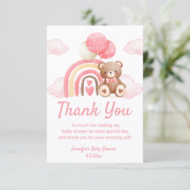 Rosa Boho Regnbåge Teddybjörn Flicka Bebis Shower Tack Kort (Stående Fram)