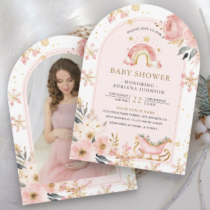 Rosa Boho Regnbåge Vinter Foto Bebis Shower Inbjudningar