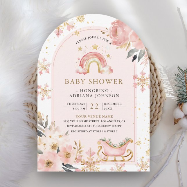 Rosa Boho Regnbåge Vinter Valborg Babyshower Inbjudningar (Skapare uppladdad)