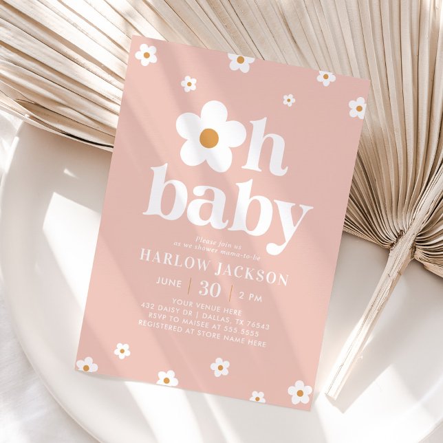 Rosa Boho Retro Daisy Baby Shower Inbjudningar (Skapare uppladdad)