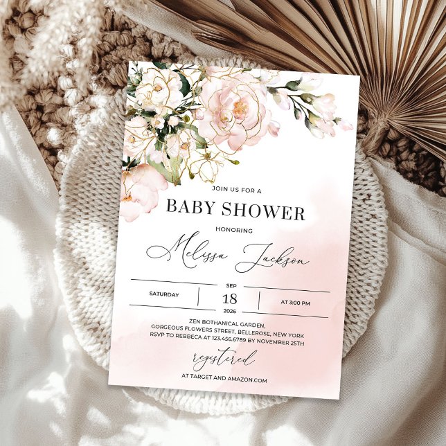 Rosa boho ro guld blommigt vår babydusch för babyd inbjudningar (Pink boho rose gold floral spring baby shower invitation)