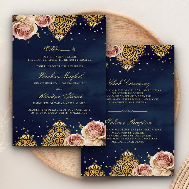Rosa Boho Ro Islamic Motif Navy Muslim Bröllop Inbjudningar (Skapare uppladdad)