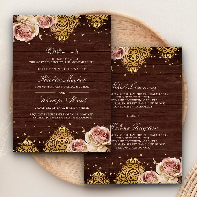 Rosa Boho Ro Islamic Motif Wood Muslim Bröllop Inbjudningar (Skapare uppladdad)
