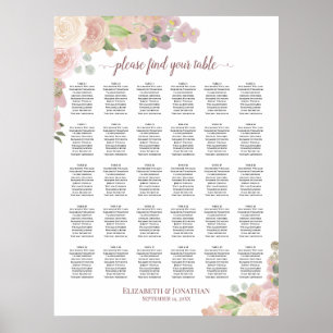 Rosa Boho Rosor 30 Bord Bröllop Placeringsplan Poster
