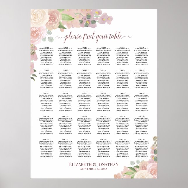 Rosa Boho Rosor 30 Bord Bröllop Placeringsplan Poster (Framsidan)