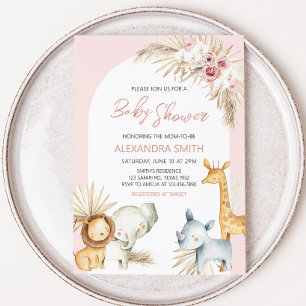 Rosa Boho Safari Animals Baby Shower Inbjudningar