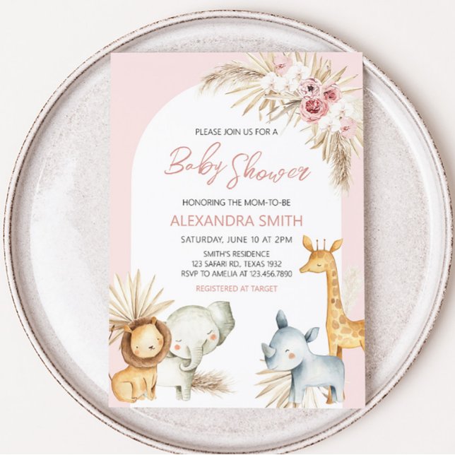Rosa Boho Safari Animals Baby Shower Inbjudningar (Girl Safari Animals Baby Shower Invitation)