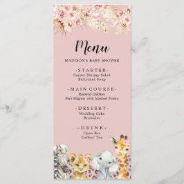 Rosa Boho Safari Party Animals Baby Shower Menu Meny