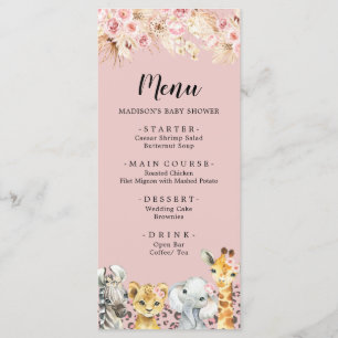 Rosa Boho Safari Party Animals Baby Shower Menu Meny