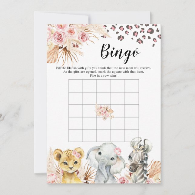 Rosa Boho Safari Party Animals Girl Baby Bingo Inbjudningar (Framsida)