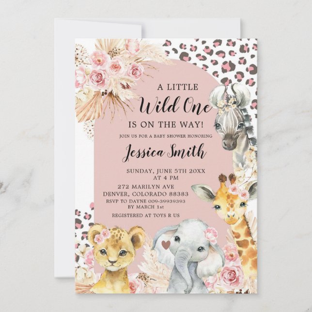 Rosa Boho Safari Party Animals Girl Baby Shower Inbjudningar (Framsida)