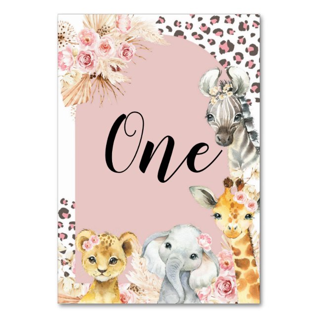 Rosa Boho Safari Party Animals Girl Bordsnummer (Framsidan)
