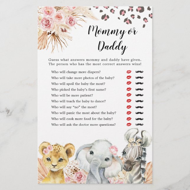 Rosa Boho Safari Party Animals Girl Mamma eller pa (Framsida)