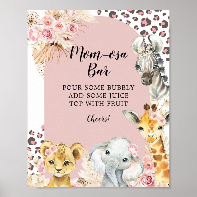 Rosa Boho Safari Party Animals Girl Mamma-osa Pub Poster (Framsidan)