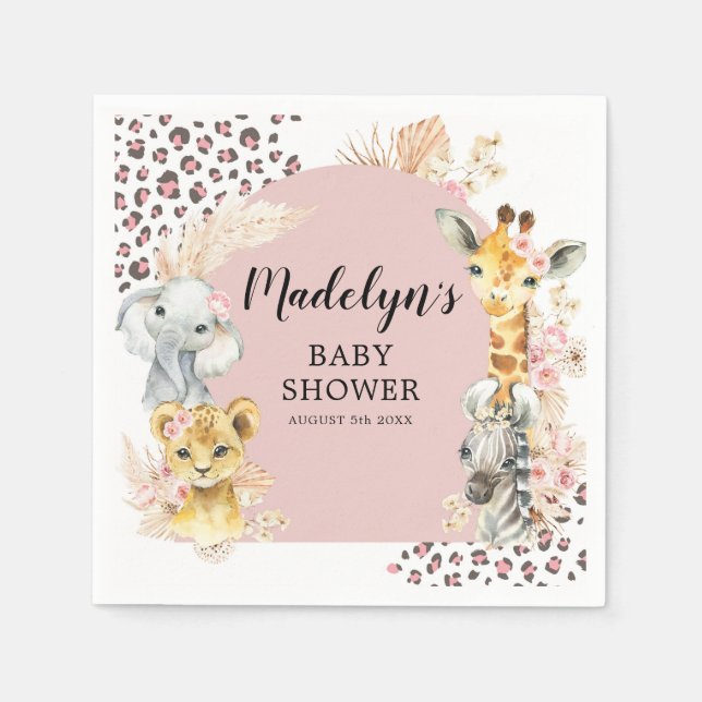 Rosa Boho Safari Party Animals Girl Pappersservett (Framsidan)