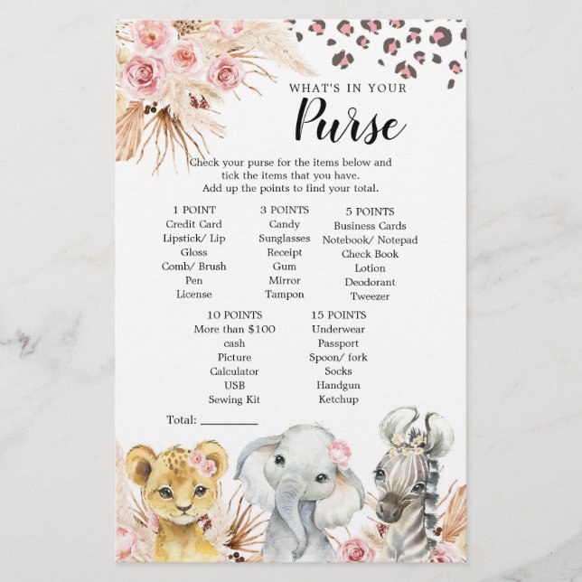 Rosa Boho Safari Party Animals Girl Purse Game (Framsida)