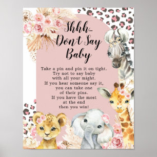 Rosa Boho Safari Party Animals Girl Säg inte Baby Poster