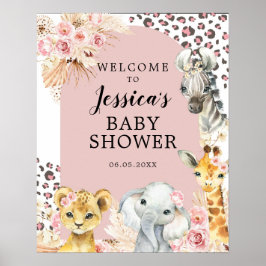 Rosa Boho Safari Party Animals Girl Välkomstskylt Poster