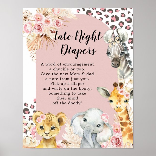 Rosa Boho Safari Party Animals Sent Night Diaper D Poster (Framsidan)