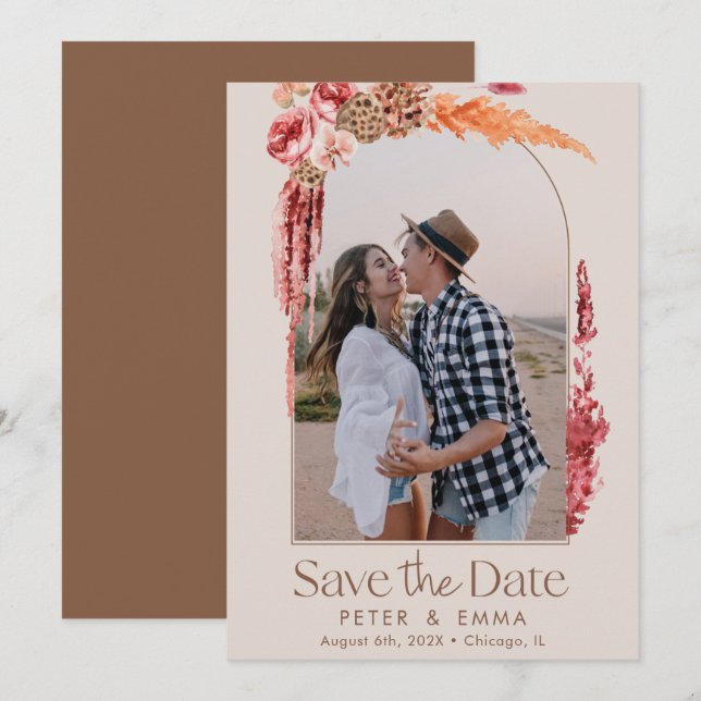  Rosa | Boho Save Date Pampas Grass Photo Julkort (Fram/baksida)