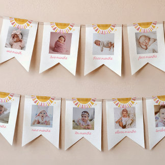Rosa Boho Sol 1-års Födelsedags Fotobanner Vimplar