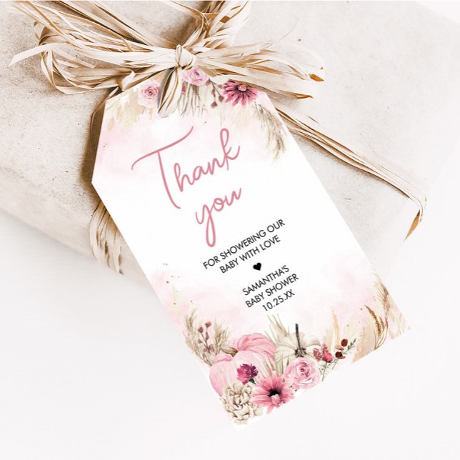 Rosa Boho tar ut favoritmärkord för babyskor Presentetikett (Pink Boho Autumn Fall Pumpkin Pampas Grass Baby Shower Favor Tags)