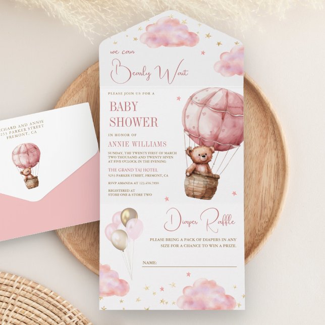 Rosa Boho Varm Luft Ballong Teddybjörn Bebis Bjudn (Skapare uppladdad)