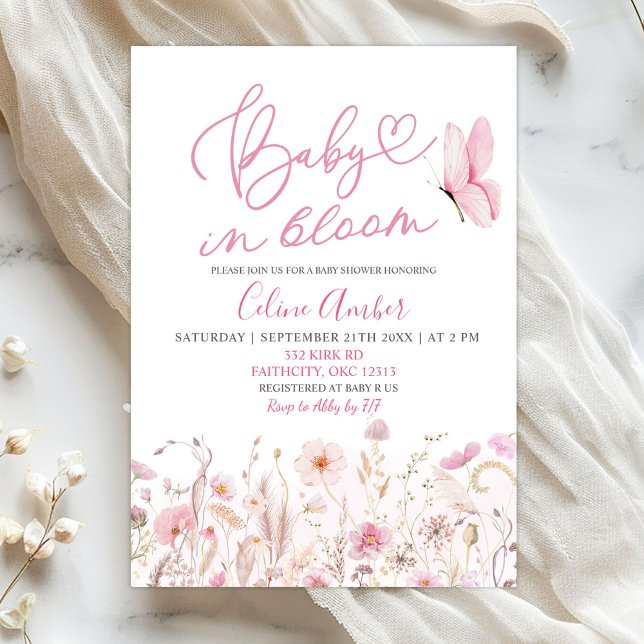 Rosa Boho Vildblomma Baby i Knopp Babyfirande Inbjudningar (Skapare uppladdad)