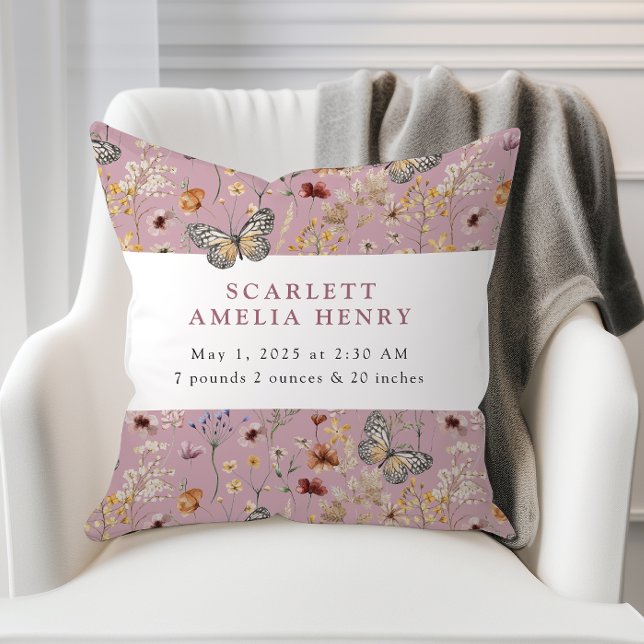 Rosa Boho Vildblomma Baby Statistik Kudde (Dusty Pink Boho Wildflower Baby Stats Throw Pillow with Butterflies by Painted Paperie
)