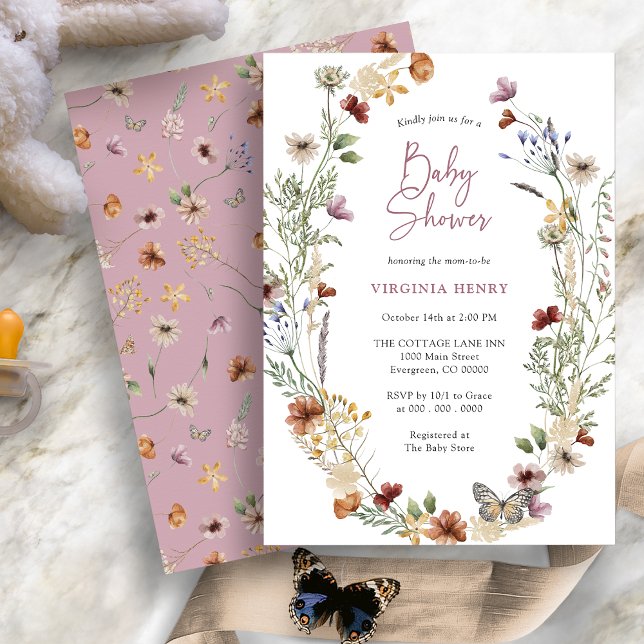 Rosa Boho Vildblomma Bebisens Mottagning Inbjudan (Dusty Pink Boho Wildflower Baby Shower Invitation with Butterfly by Painted Paperie
)