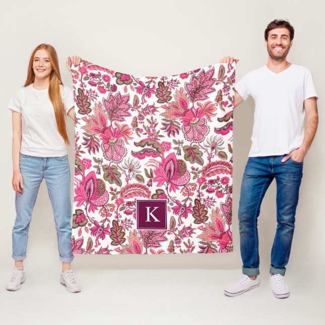 Rosa Boho Vintage Blommigt Monogram Fleecefilt (På plats)