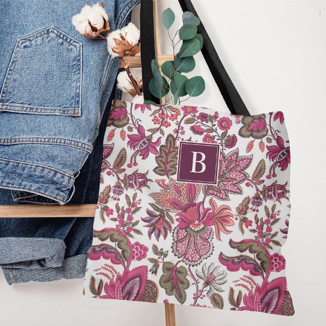 Rosa Boho Vintage Blommigt Monogram Tygkasse (Skapare uppladdad)