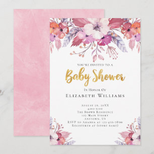 Rosa Boho Watercolor Flowers Girl Baby Shower Inbjudningar
