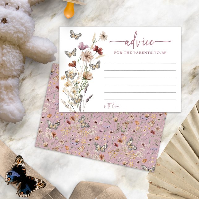 Rosa Boho Wildblomma Advice Card Inbjudningar (Dusty Pink Watercolor Boho Wildflower Advice Card with Butterflies by Painted Paperie
)