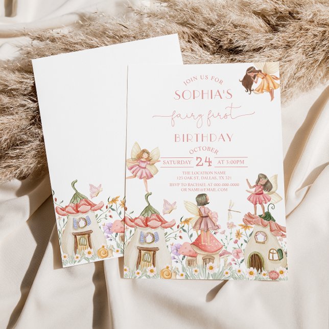  Rosa Boho Wildblomma Fairy 1st Birthday Inbjudningar (Skapare uppladdad)