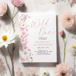 Rosa Boho Wildbloms första födelsedag Inbjudningar