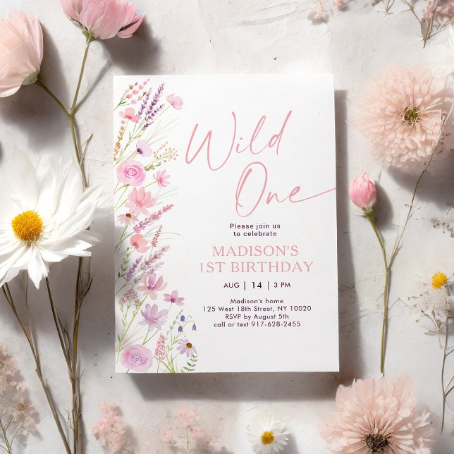 Rosa Boho Wildbloms första födelsedag Inbjudningar (Skapare uppladdad)