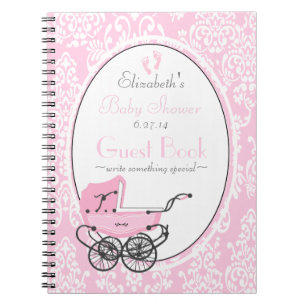 Rosa bok för damast- och vagnsbaby showergäst anteckningsbok med spiral