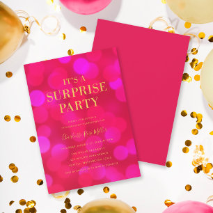 Rosa Bokeh Guld Det är en överraskning Party födel Inbjudningar