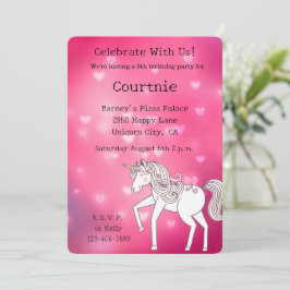 Rosa Bokeh Hearts Unicorn Birthday Inbjudningar