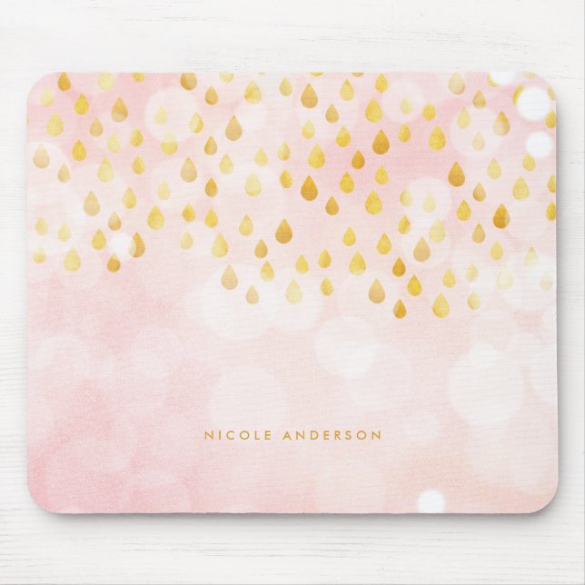 Rosa Bokeh och Raindrops Gold Foil Confetti Musmatta (Framsidan)