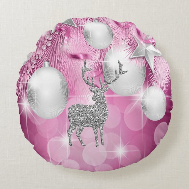 Rosa Bokeh Ornament Bollar Silver Reindeer Rund Kudde (Framsidan)